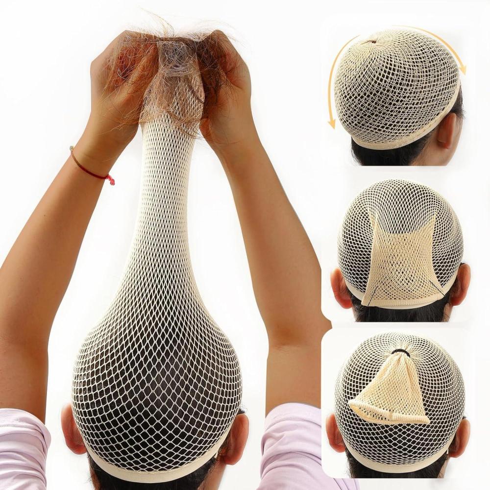 imageBEEOS Nude Extra Large Mesh Wig Cap for Long Hair with Openend 3 Pieces HighElastic Nude Hair Net Plopping Cap for WomenNude 3 PCS