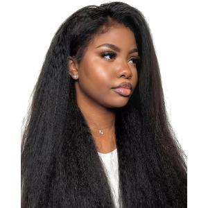 BEEOS Kinky Curly Remy Human Hair Half Wig, 200% Density 3 In 1 Drawstring Glueless Half Wig for Women, Seamless Flip Over 20 Inch #1 Jet Black(Kinky Straight)