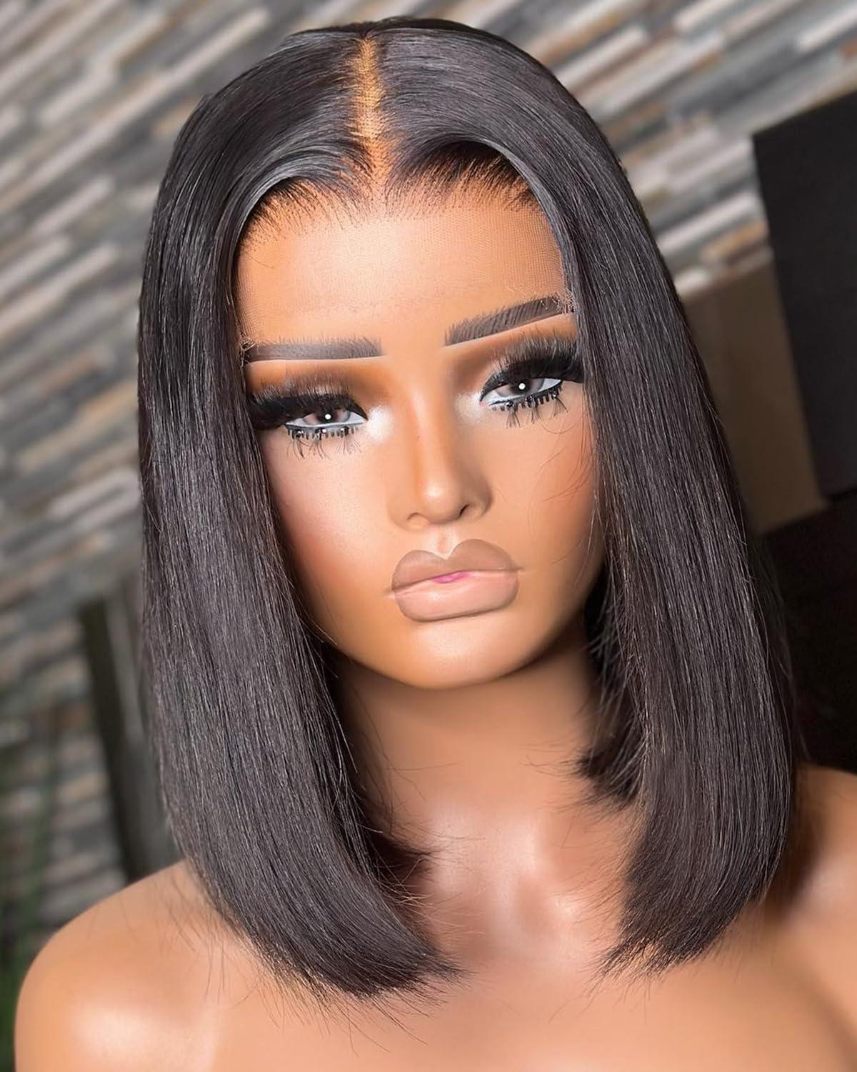 imageBEEOS Ultrafitted HD Lace Wig 250 Density 13x6 Full Frontal Straight Bob Human Hair Wigs Pre Plucked Bleached Knots 12 Inch13x4 Full Frontal HD Lace Straight Bob Wig180 Density