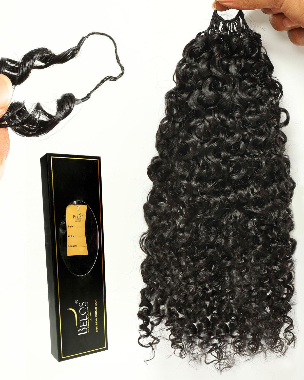 imageBEEOS Remy Human Crochet Hair Burmese Curly PreSeparated Knotless Feather Crochet Human Hair for Women 18 Inch Miracle Knots and Reusable 40g160gBurmese CurlyNatural Black