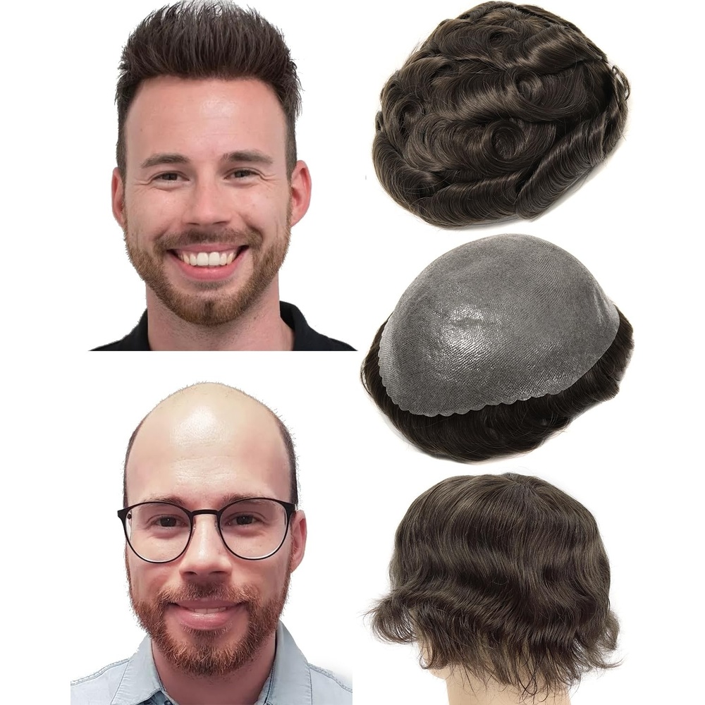 imageBEEOS 010mm PU Skin Toupee for Men Volume Real Human Hair Mens Hair Piece 130 Medium Density 8x10 Inch Durable PU Base No Shed Mens Hair Replacement System 613 Blonde4 Brown