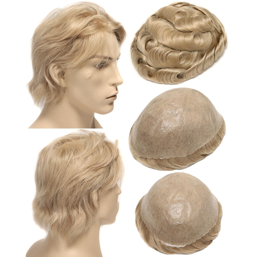 imageBEEOS 010mm PU Skin Toupee for Men Volume Real Human Hair Mens Hair Piece 130 Medium Density 8x10 Inch Durable PU Base No Shed Mens Hair Replacement System 613 Blonde22 Blonde