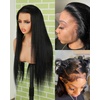 BEEOS 13×6 HD Lace Frontal #1 Jet Black Wig, 250% Density Invisible Ultra-thin Skinlike Real HD Lace Body Wave Wig Human Hair Ultra-fitted Cap Pre-Plucked Bleached Knots for Black Women 22 Inch(13×6- Straight- #1 Jet Black- 250% Density)
