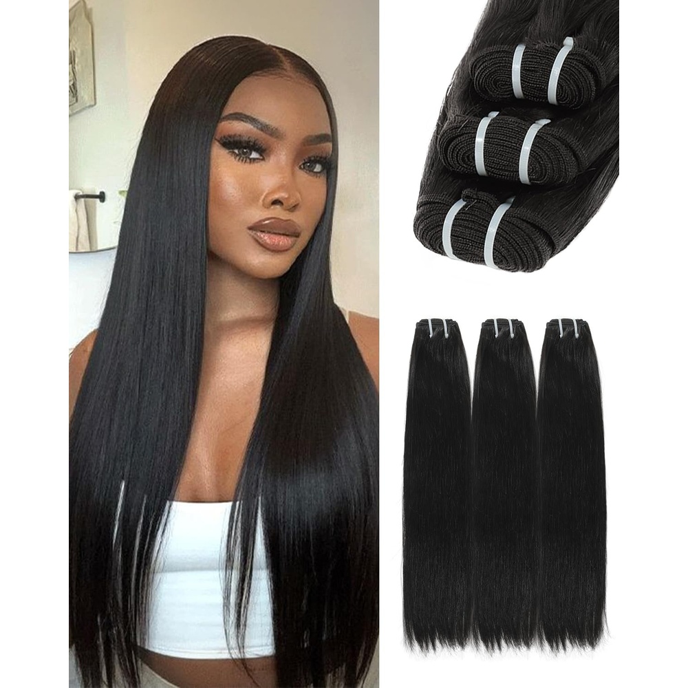 image:imageBEEOS 3 Body Wave Bundles Human Hair 18 20 22 Inch Double Weft 100 Remy Human Hair Bundles for Black Women Sew In and Quick Weave Natural Black 95g x 31Jet Black Straight