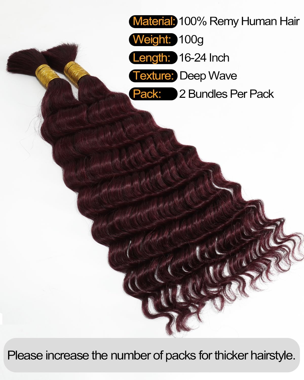 image:imageBEEOS Human Braiding Hair for Boho Braids 50g Deep Wave Remy Human Hair for Boho Braids Full Ends No Weft 16 Inch 1B Natural Black99J Burgundy100g