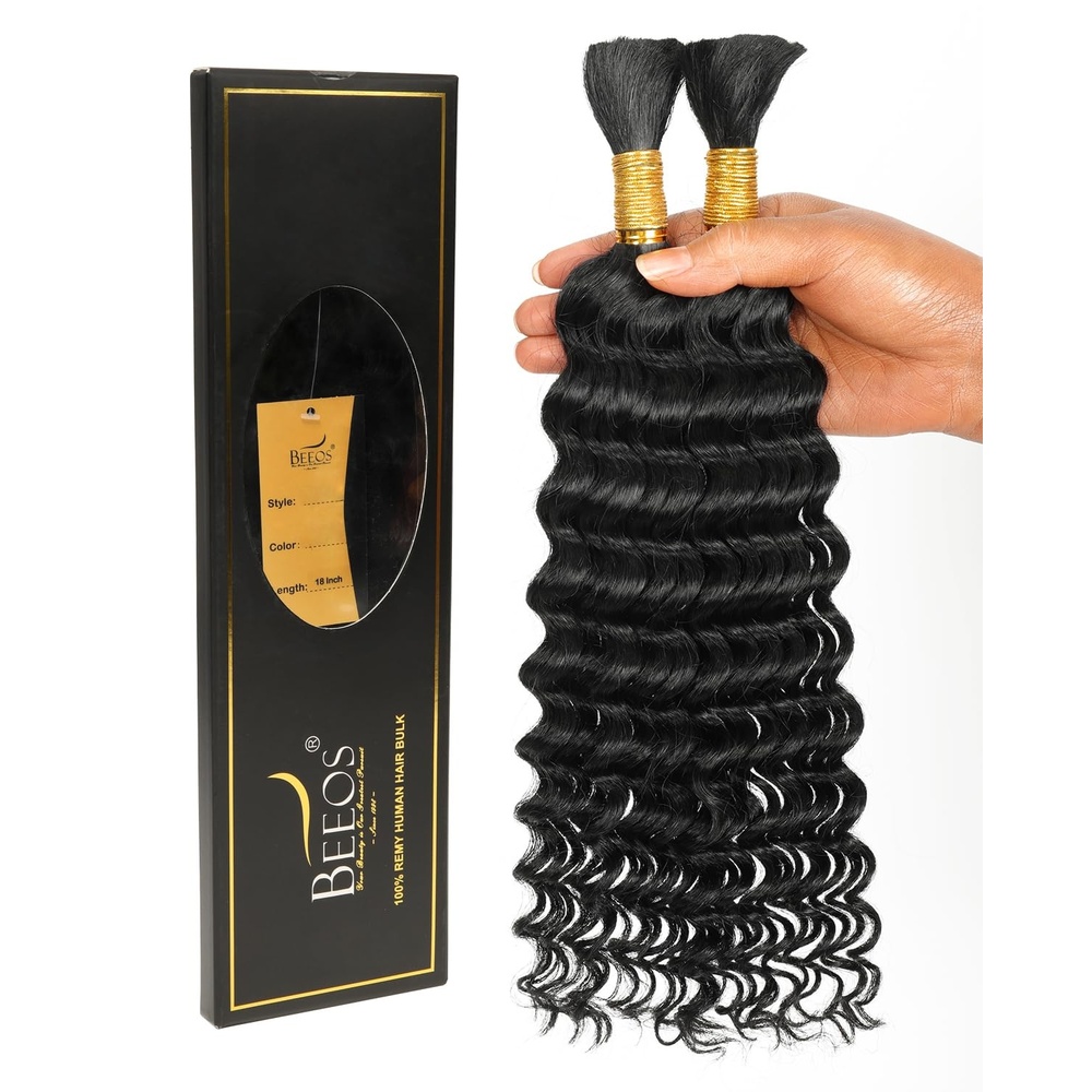 image:imageBEEOS Human Braiding Hair for Boho Braids 50g Deep Wave Remy Human Hair for Boho Braids Full Ends No Weft 16 Inch 1B Natural Black1 Jet Black100g