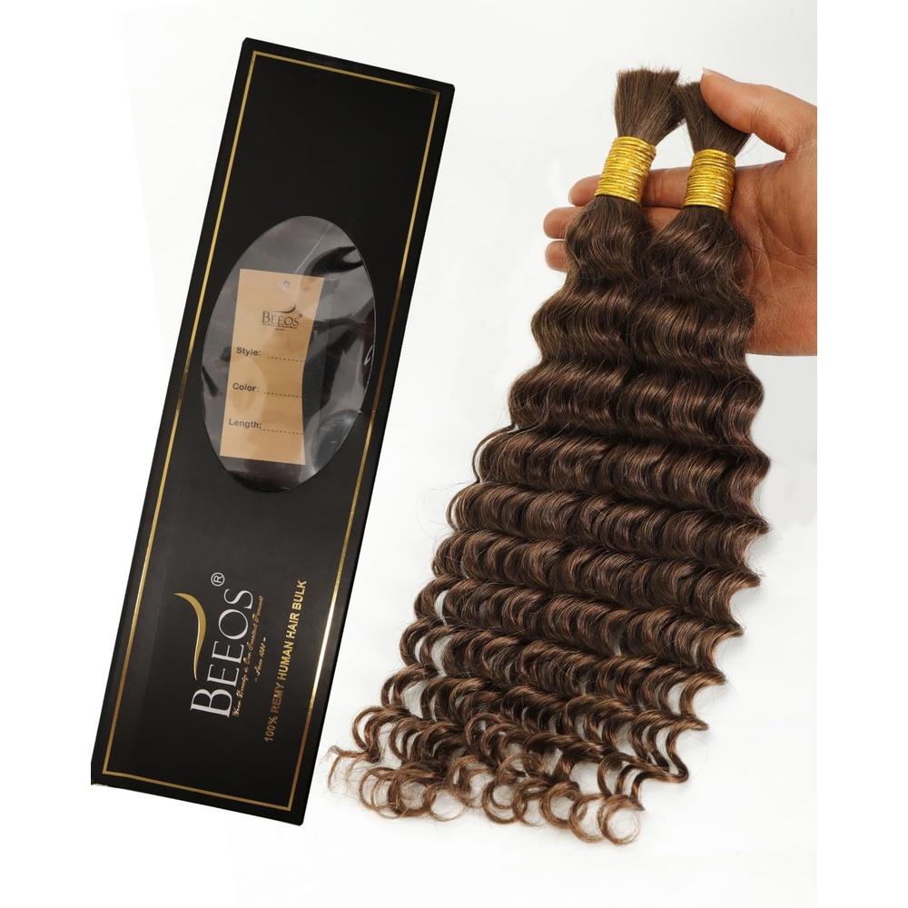 image:imageBEEOS Human Braiding Hair for Boho Braids 50g Deep Wave Remy Human Hair for Boho Braids Full Ends No Weft 16 Inch 1B Natural Black4 Chocolate Brown100g